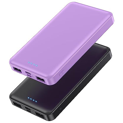 [2 Pack] Portable Charger Power Bank 10000mAh,Ultra Slim Compact External Battery Pack with USB C Input & Dual USB Outputs Backup Charger Compatible with iPhone 14,13, Samsung S20,Tablet-Black+Purple - color: Black+Purple