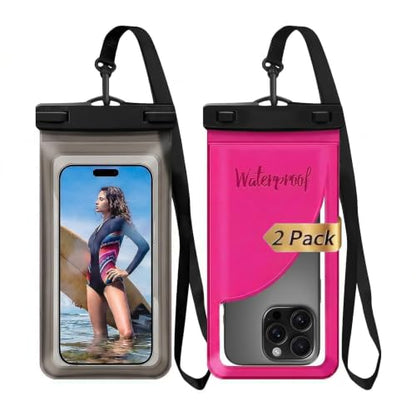 Waterproof Phone Pouch for iPhone 17 Pro Max IPX8 Clear Black+Rose | Card Pocket, Lightweight, Large Cellphone Dry Bag, IPX8 Rated, Beach Essential, Cruise Ship, 2 Pack, 8.3 inch - color: B2-Transparent Black + Rose Red- 2 Pack