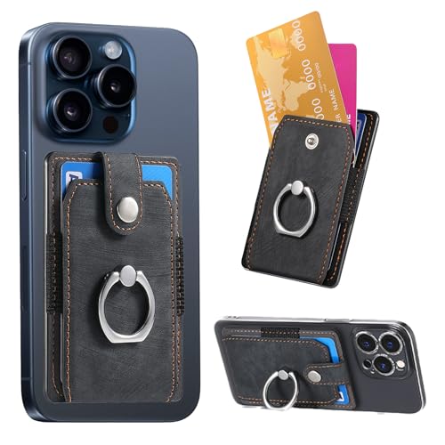 Cell Phone Card Holder with Ring Grip,Adhesive Phone Card Wallet,Black - color: Black