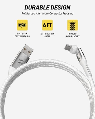 Scosche PowerPivot 60W Fast Charging USB-A to USB-C Cable, 6FT Braided Charger Cord with 360° Pivoting Connector Compatible with iPhone 17/16, iPad, Samsung Galaxy, MacBook & More, White