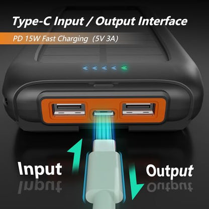 Solar Charger Power Bank 49800mAh, Portable Solar Phone Charger with 2 USB-A & USB-C Ports, 15W Fast Charging for iPhone, Samsung and More, Dual Flashlightfor Camping, Travel & Emergency Backup