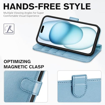TUCCH Wallet Case for iPhone 15 6.1" 2023, 4 Card Holders, Shiny Light Blue | RFID Blocking, Viewing Stand, Shockproof TPU Shell, PU Leather, Magnetic Closure, Protective Folio Flip Cover - color: Blue - Shiny Blue