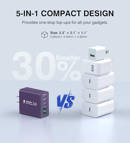 [2Pack] 60W USB C Plug,5-Port Fast Charger Block PD+QC Cube Wall Charging Box Brick for iPhone 17/16/15/14/13 for Samsung Galaxy S25/S24/S23/S22/S21+/S21 Ultra, Magsafe Wireless Charger,(Purple) - color: Purple