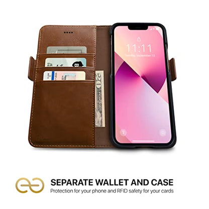 Dreem Vegan Leather Magnetic Detachable Wallet Case for iPhone 13 | Built-in Phone Stand, RFID Blocking Card Holder Flip Cover, MagSafe Compatible, Gift Box [Fibonacci: Chocolate] - color: Chocolate, size: iPhone 13