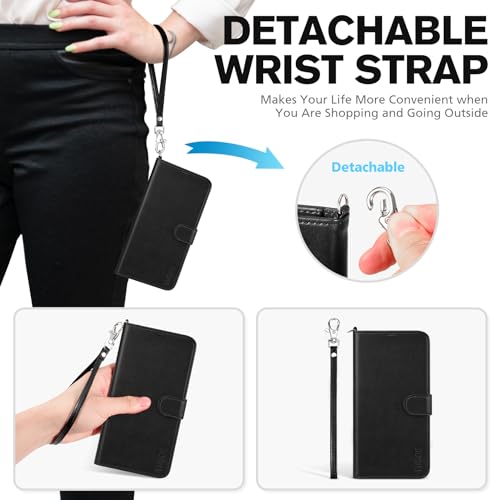 TUCCH Wallet Case with Wrist Strap for iPhone 14 (6.1") 2022, Black | 4 Card Holders, RFID Blocking, Viewing Stand, Shockproof TPU Shell, PU Leather, Magnetic Closure, Folio Flip Cover - color: Black with Strap