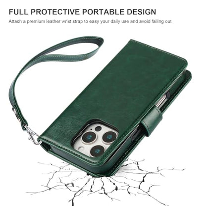Bocasal Detachable Wallet Case Card Holder for iPhone 16 Pro, Green | RFID Blocking Kickstand Card Slots Holder PU Leather Magnetic Shockproof Wrist Strap Removable Flip Protective Cover 6.3 inch - color: Green