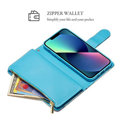 UEEBAI Case for iPhone 13 6.1 inch, PU Leather Wallet Retro Shockproof Flip Case Cover with Card Slots Stand Function, Magnetic Closure - Blue# - color: Marble Blue