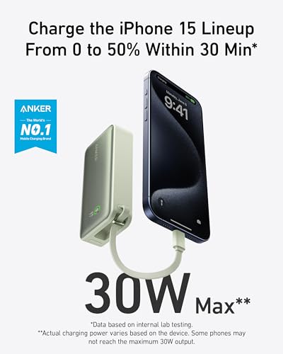 Anker Nano Power Bank,10,000mAh 30W Portable Charger,Built-in USB-C Cable - color: Sprout Green