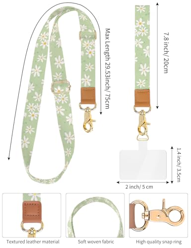 Phone Lanyard Crossbody Strap, Adjustable Neck Strap and Wristlet Strap for Phone Wallet ID Badge with 2 Phone Tabs - color: Green Daisies