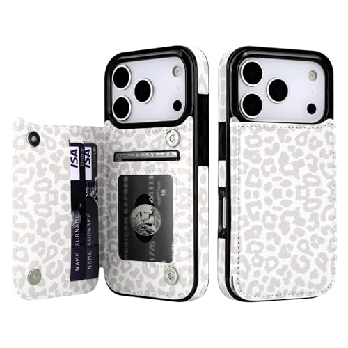 HAOPINSH Wallet Case with Card Holder for iPhone 17 Pro, White Leopard Cheetah Pattern Back Flip Folio PU Leather Kickstand Card Slots Case for Women, Double Magnetic Clasp Shockproof 6.3" - color: White Leopard