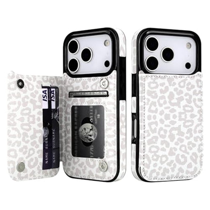 HAOPINSH Wallet Case with Card Holder for iPhone 17 Pro, White Leopard Cheetah Pattern Back Flip Folio PU Leather Kickstand Card Slots Case for Women, Double Magnetic Clasp Shockproof 6.3" - color: White Leopard