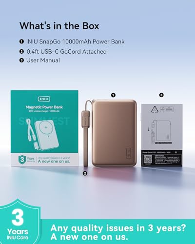 INIU for MagSafe Qi2.2 25W Portable Charger, Slimmest 10000mAh Power Bank - color: Brown