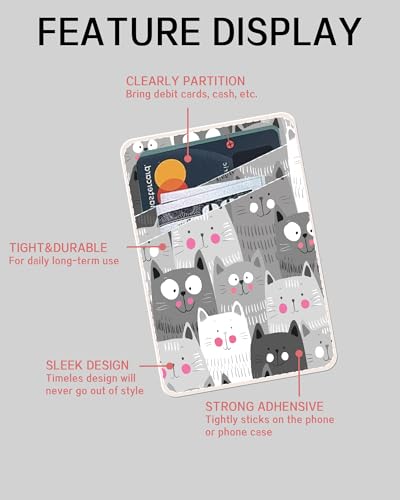 Dual Pocket Leather Phone Wallet Adhesive Stick On, Cute Card Holder, Credit Card Holder for Phone Case, Grey Cute Cats - color: Grey Cute Cats