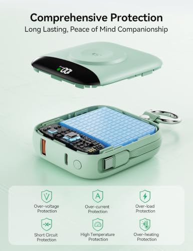 Portable Charger 10000mAh 22.5W Power Bank Built-in 2 Cables Keychain | Charge 5 Devices, TSA approved, Travel Fast Charging Battery Pack for iPhone Samsung Google Android & iWatch Charger, Green - color: Green