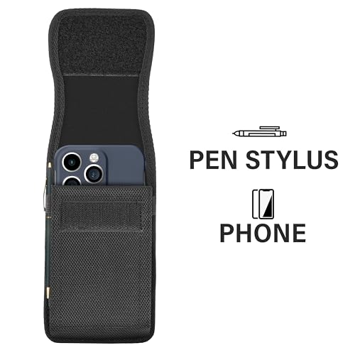 Holster for Large iPhone Plus, Pro Max Models 16 15 14 13 12 11 Xs Max - Cell Phone Belt Holder Case with Clip for Men, Nylon Pouch (Fits Otterbox Cover) Black - size: Large