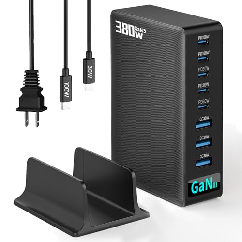 380W USB-C Charger Block, 8-Port USB-C Charging Station PD 30W + 100W PC Laptop, Fast Charging Hub with High-Power Fast Charging Cable for MacBook Pro/Air, DELL, iPad, iPhone, Samsung Galaxy Black - color: 380W Black