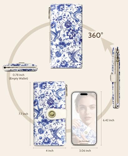 GIANCOMICS Hummingbirds Womens Wallet RFID Flower Credit Card Holder Bifold | Billfold, Cute Cash Purse, Travel Zipper Coin Pocket, Compact Clutch, PU Leather, ID Window, 11 Card Slots, Ladies Gift Woman - color: Birds
