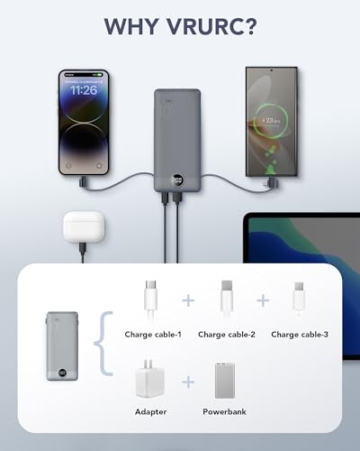 VRURC Portable Charger Built-in Cables and AC Wall Plug, USB C Power Bank 10000mAh, Travel Battery Portable Phone Charger Compact Lightweight External Battery Pack for Smart Phones, Tablets etc-Grey - color: Grey