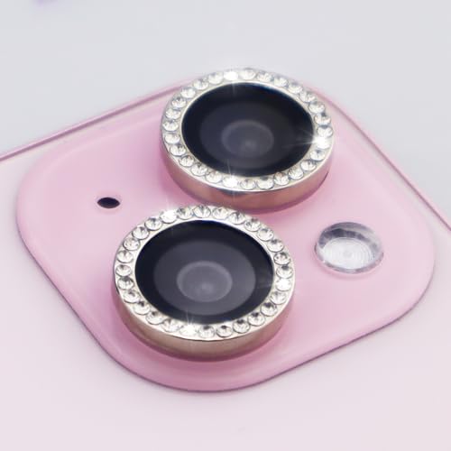 Camera Lens Protector for iPhone 15/15 Plus/14/14 Plus Bling Diamond Metal Ring Rhinestone Tempered Glass Lens Cover Accessories (Silver) - color: Silver
