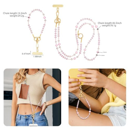 Crystal Phone Strap Crossbody and Wrist Lanyard, Anti Theft Layered & Wrist Strap Cell Phone Neck for Women - color: Pink Beaded