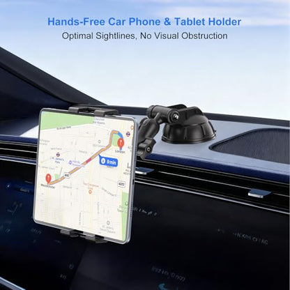 PLDHPRO Tablet Holder for Car Dashboard & Windshield, Universal iPad Car Mount Suction Cup Stand for 5.5" - 14.6" Phones & Tablets Compatible with iPhone 17/16/15, iPad, Galaxy Tab - 5.5-14.6 inch - size: 3.7 in Arm