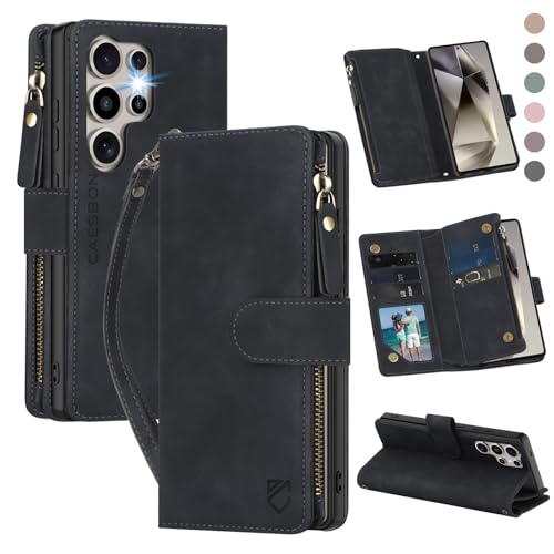 for Samsung Galaxy S24-Ultra-Wallet Case: with RFID Blocking Card Slots (6 Cards) | Soft PU Leather Magnetic Snap Zipper Pocket | Crossbody Wrist Strap Protective Phone Cover - Black - color: Black, size: Galaxy S24 Ultra（6.8‘’）