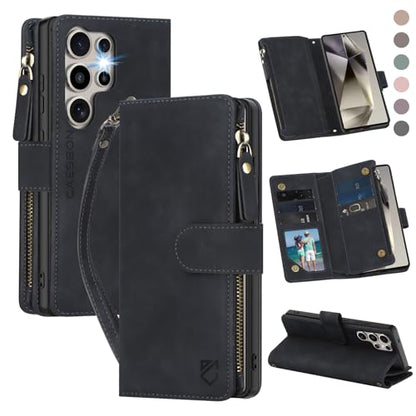 for Samsung Galaxy S24-Ultra-Wallet Case: with RFID Blocking Card Slots (6 Cards) | Soft PU Leather Magnetic Snap Zipper Pocket | Crossbody Wrist Strap Protective Phone Cover - Black - color: Black, size: Galaxy S24 Ultra（6.8‘’）