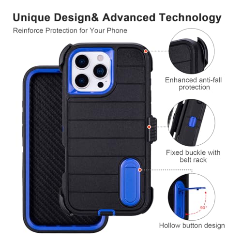 Phone Cases for iPhone 16 Pro Case Black with Belt Clip Heavy Duty | 3 Layers of Sturdy,Military Grade Shockproof ProHolster Protective Cases for iPhone 16 Pro Phone Case Black Blue - color: Black+Blue