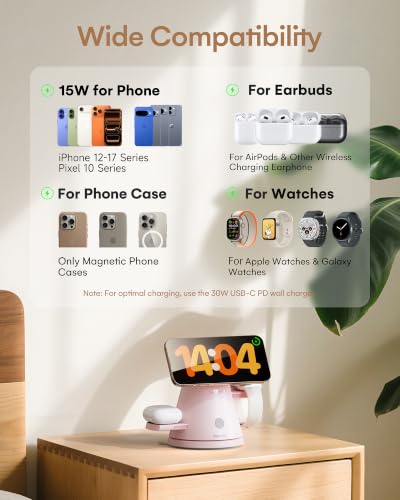 ZEEHOO 3 in 1 Charging Station for Apple Devices, Mag-Safe Charger Stand&Light,Fast Wireless Charging Station for iPhone 17/16/15/14/13/12&AirPods&iWatch &Pixel 10&Samsung Galaxy Watch,30W Adapter - color: Pink