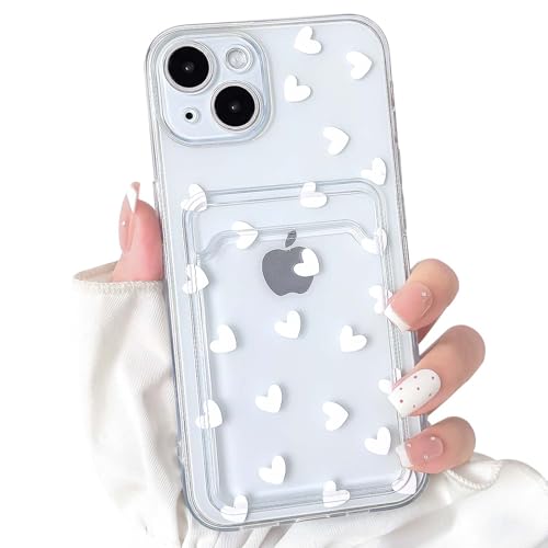 NITITOP Compatible with iPhone 14 Plus Case Clear with Card Holder Cute White Love Heart Pattern Design Design Soft TPU Shock-Absorbing Wallet Case Protective Cover - White - color: White, size: iPhone 14 Plus