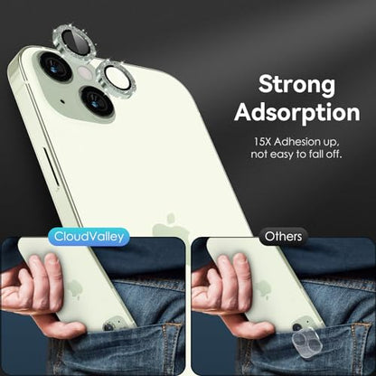 CloudValley for iPhone 15 Plus/iPhone 15 Camera Lens Protector Bling, Ultra-HD Tempered Glass Camera Cover [Case-Friendly] Metal Individual Lens Screen Protective Ring, Glitter Green - color: Glitter Green