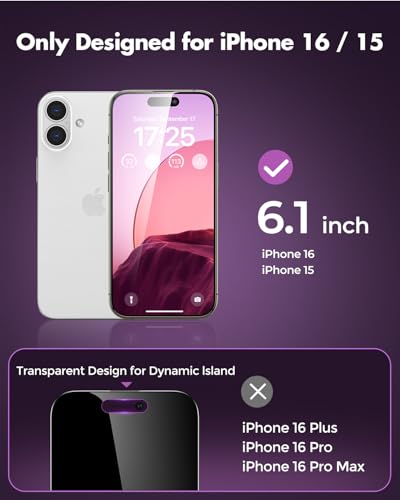 UNBREAKcable Privacy Screen Protector for iPhone 16, Full Coverage Shatterproof Tempered Glass [True 28°Anti Spy] [9H Hardness] [Easy Installation Frame] 2-Pack Private Screen for iPhone 16 - size: iPhone 15/iPhone 16