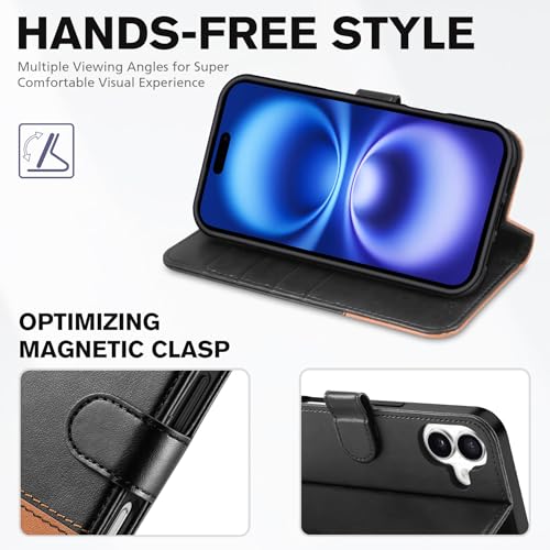 TUCCH Wallet Case for iPhone 16 (6.1") 2024, Flip Stand, Black & Brown | RFID Blocking, 4 Card Holders, Kickstand, PU Leather, Shockproof TPU Shell, Magnetic Closure, Protective Folio Cover - color: Two-tone Black & Brown