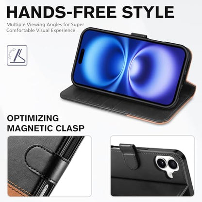 TUCCH Wallet Case for iPhone 16 (6.1") 2024, Flip Stand, Black & Brown | RFID Blocking, 4 Card Holders, Kickstand, PU Leather, Shockproof TPU Shell, Magnetic Closure, Protective Folio Cover - color: Two-tone Black & Brown