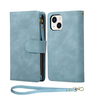 RANYOK Wallet Case Compatible with iPhone 13/14 (6.1 inch), Premium PU Leather Zipper Flip Folio Wallet RFID Blocking with Wrist Strap Magnetic Closure Built-in Kickstand Protective Case (Baby Blue) - color: Baby Blue
