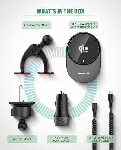 Galvanox Magnetic Wireless Car Charger Mount for Samsung Galaxy Phones, Qi2.2 25W Fast Charging (Compatible with MagSafe), Dual-Arm Adjustable Dashboard Mount with 45W USB-C Adapter