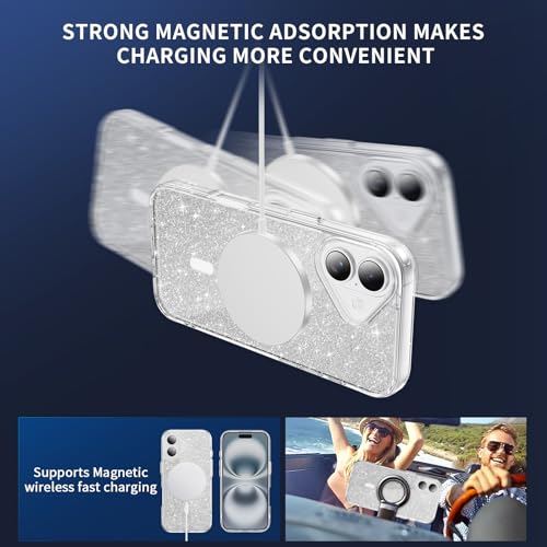 LEMAXELERS Clear Sparkly Magnetic Case for iPhone 16 -Clear SF | Glitter Anti-Yellowing Slim TPU Bumper Compatible with Magsafe Shockproof Protective Transparent Cover - color: Clear, size: iPhone 16
