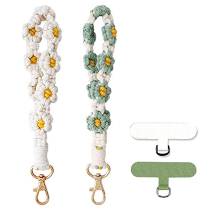 Boho Macrame Phone Wrist Strap, Cell Phone Lanyard with Tether Tab, Keychain Wristlet Charm, Anti-Loss Phone Chain - color: Daisy Green+white
