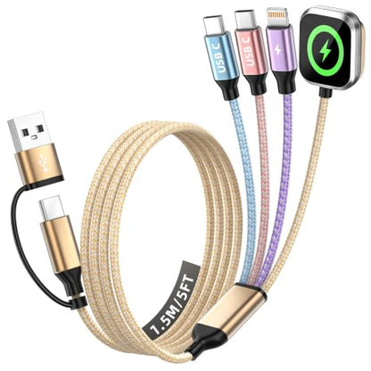 Camping Essentials 4 in 2 Multi Charging Cable for Apple Watch Charger 5FT - color: Golden&Purple&Pink&Blue, size: AC to 2C+L+iWatch