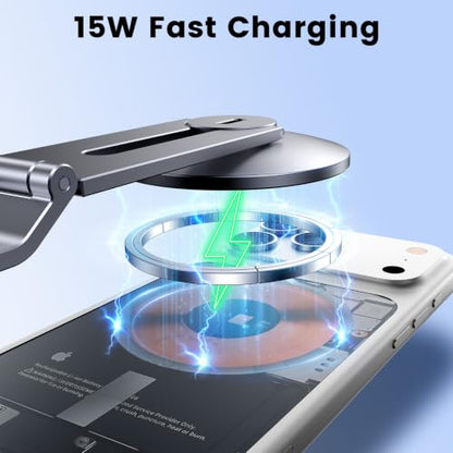 Tesla Phone Mount with 15W Fast Charging, Foldable Hidden Car Holder for Tesla Model 3 / Y/Cybertruck, 360° Rotatable Dashboard Screen Bracket with Ultra-Strong N52 Magnets