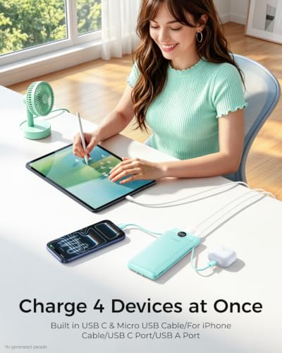 VEGER Portable Charger for iPhone, Power Bank Built in Cables and Wall Plug - color: Green