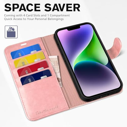 TUCCH Wallet Case for iPhone 14 (6.1") 2022, 4 Card Holders, Rose Gold | RFID Blocking, Viewing Stand, Shockproof TPU Shell, PU Leather, Magnetic Closure, Protective Folio Flip Cover - color: Rose Gold