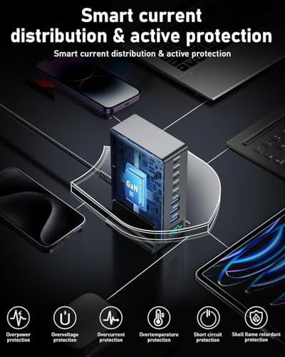 380w Charging Power Strip Station, 8 Port GaN Fast USB C Charger Block with Dual Pd 100w for Laptop, MacBook Pro/Air, Iphone16/15/14/13, Ipad, Samsung Galaxy, Android, for Travel, Home, Office