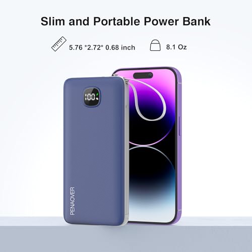 Portable Charger 10000mAh 22.5W Power Bank,Built-in 3 Cables & AC Wall Plug - color: Navy