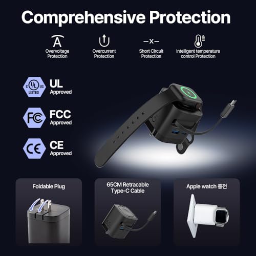 65W Retractable USB-C PD Charger with Built-in Apple Watch Charger - color: Black