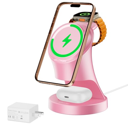 3 in 1 Wireless Charging Station for Apple Devices, Pink - color: Pink