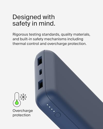 Belkin 20000mAh 15W 3 Port Power Bank, USB A to USB C Cable Included - color: Blue