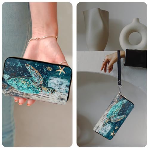 Ladies Wallet,Clutch Purses for Women Wallets Leather Credit Card Holder for Women Wristlet Slim Small Cute with Zipper,Thin RFID Blocking with Wrist Strap,Wood Sea Turtle - color: Wood Sea Turtle
