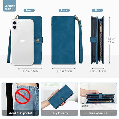 TwoHead for iPhone 11 Wallet case with 11 Card Holder (Navy Blue) | Detachable Magnetic Phone Case, PU Leather Wallet for Women/Men,Wireless Charging Compatible,with Wrist Strap - color: Navy Blue