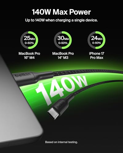 Belkin 2 in 1 USB C to C 140W Braided Cable, 5ft, Dual Charging Cord - color: Black